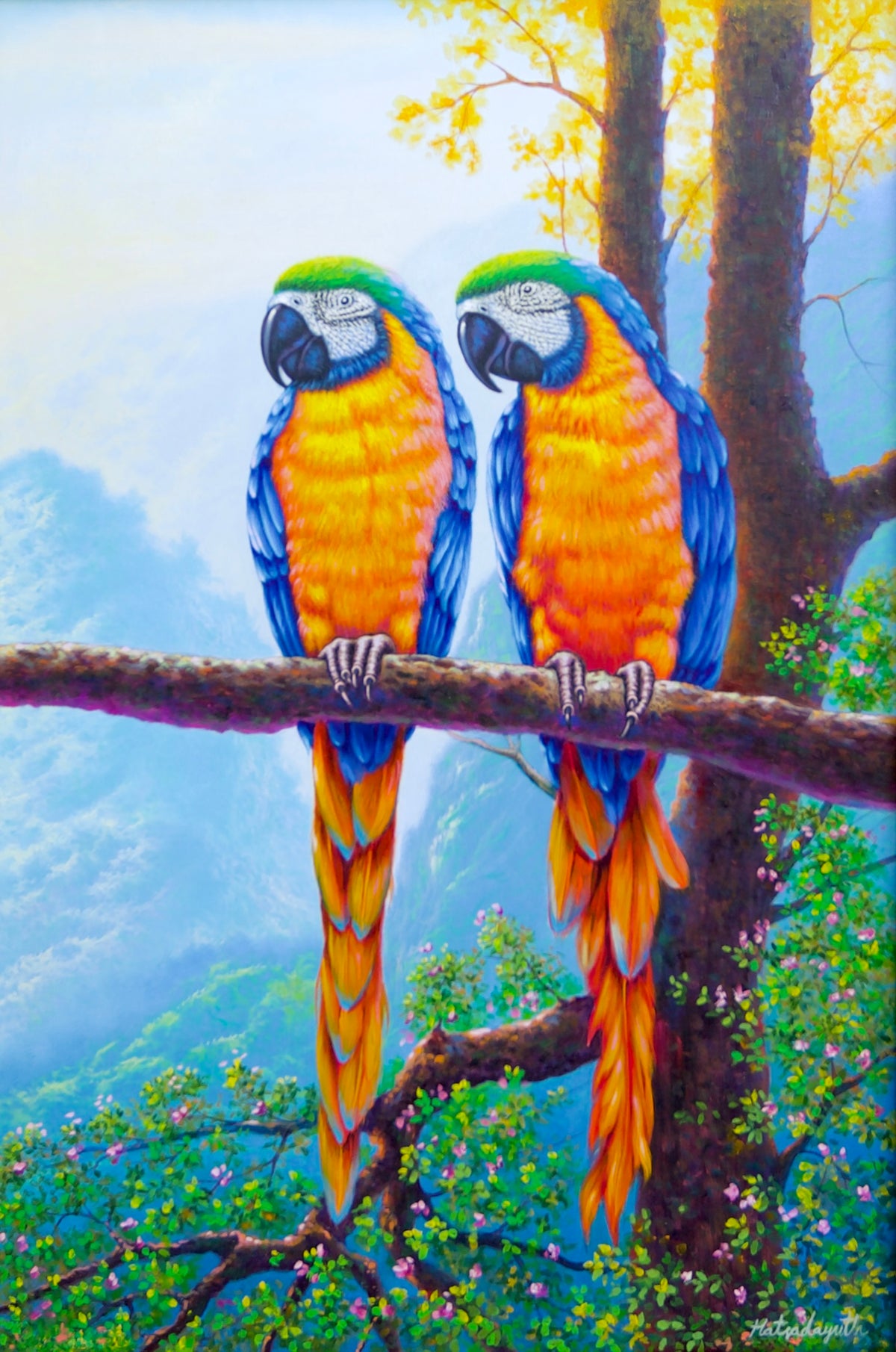 Two Macaws on a Branch - Hudsadayuth | 60 x 90 cm